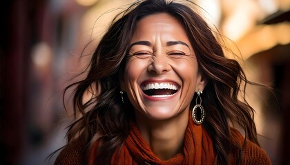Joyful woman laughing with her eyes closed, radiating happiness and positivity