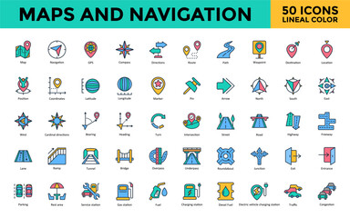 Maps and Navigation icon set with map, navigation, gps, compass, directions, route, path, waypoint, destination, location icon. Simple lineal color vector 
