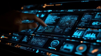 A hand interacting with a futuristic touchscreen display filled with data and graphs.
