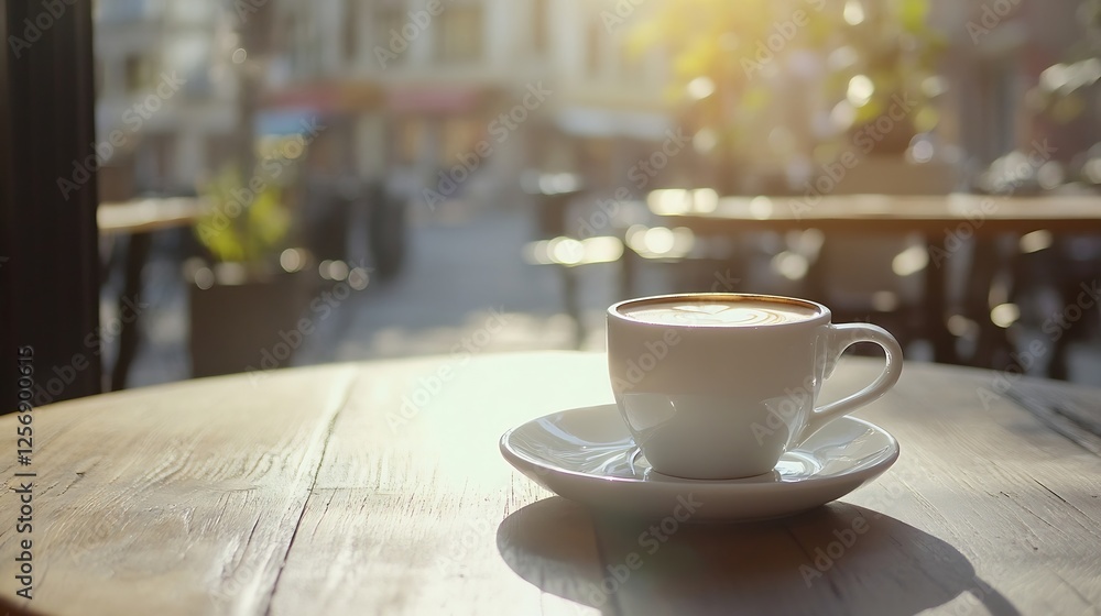 Poster A warm cup of coffee resting on a wooden table with soft sunlight creating a cozy cafe atmosphere : Generative AI