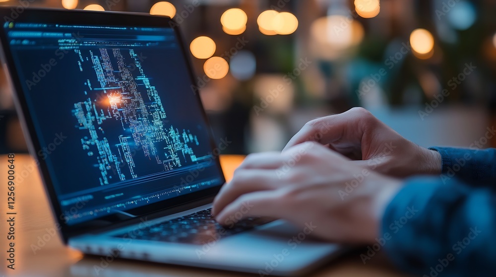 Poster Person typing on a laptop with glowing screen and stylish bokeh lights in the background : Generative AI