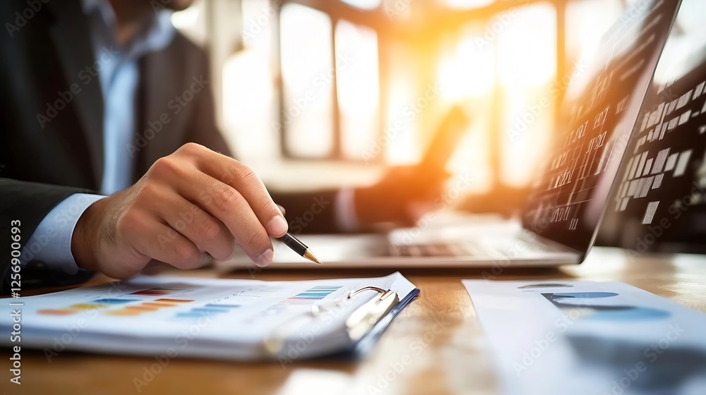 Poster Business professional taking notes and analyzing data while working on a laptop during a meeting : Generative AI