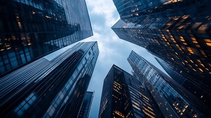 An impressive view of tall skyscrapers reaching into a cloudy sky showcasing modern urban architecture : Generative AI