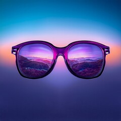 A surreal digital illustration of a pair of purple glasses floating in mid-air, reflecting scenes of gender equality and female empowerment. The lenses glow with a soft neon effect, symbolizing the fe