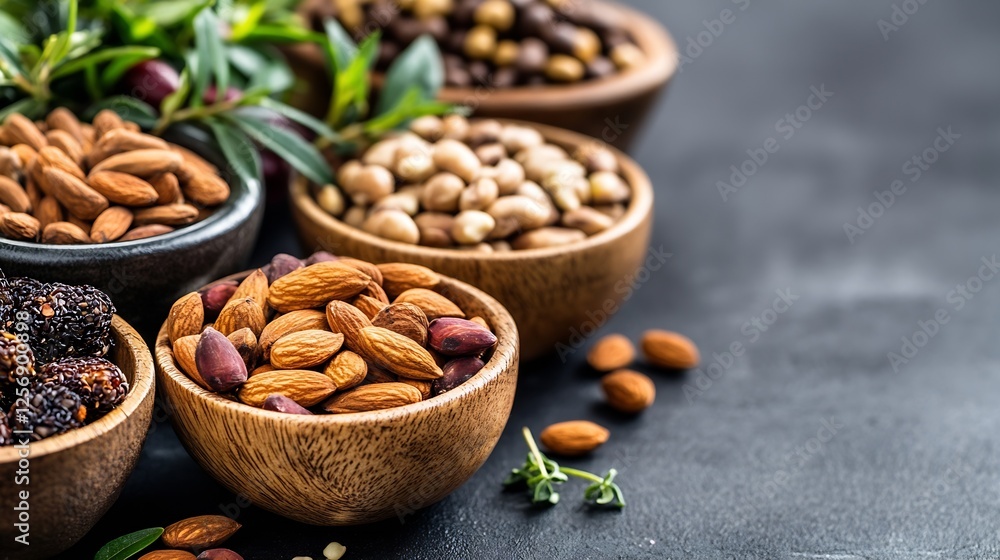 Aufkleber various nuts and seeds arranged in wooden bowls on a dark surface showcasing healthy snacks : genera