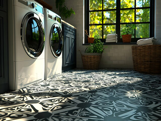 Laundry room with patterned floor, sunlight, plants