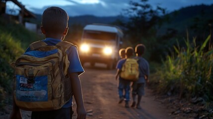 Obraz premium Children walking home at dusk with backpacks along a rural road with a van approaching in the background : Generative AI