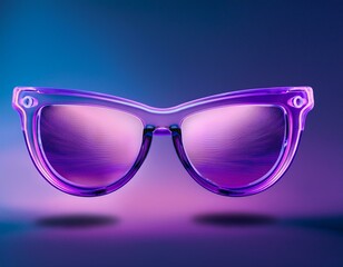 A surreal digital illustration of a pair of purple glasses floating in mid-air, reflecting scenes of gender equality and female empowerment. The lenses glow with a soft neon effect, symbolizing the fe
