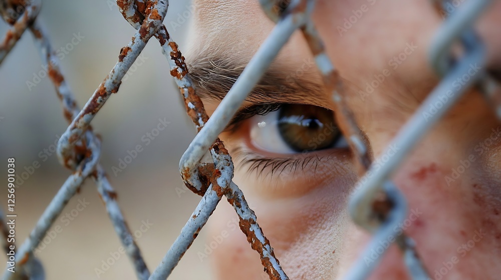Poster intriguing closeup of a person's eye peering through rusty metal fence with intense gaze : generativ