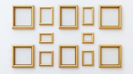 Gold picture frames various sizes on white wall. Possible use stock photo for home decor