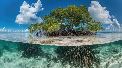 Lush mangrove island emerging from clear turquoise waters under a bright blue sky with clouds