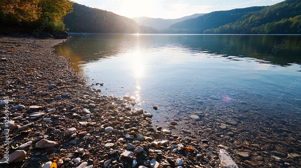 Aufkleber Serene landscape with calm waters reflecting sunlight amidst lush greenery and mountainous backdrop : Generative AI