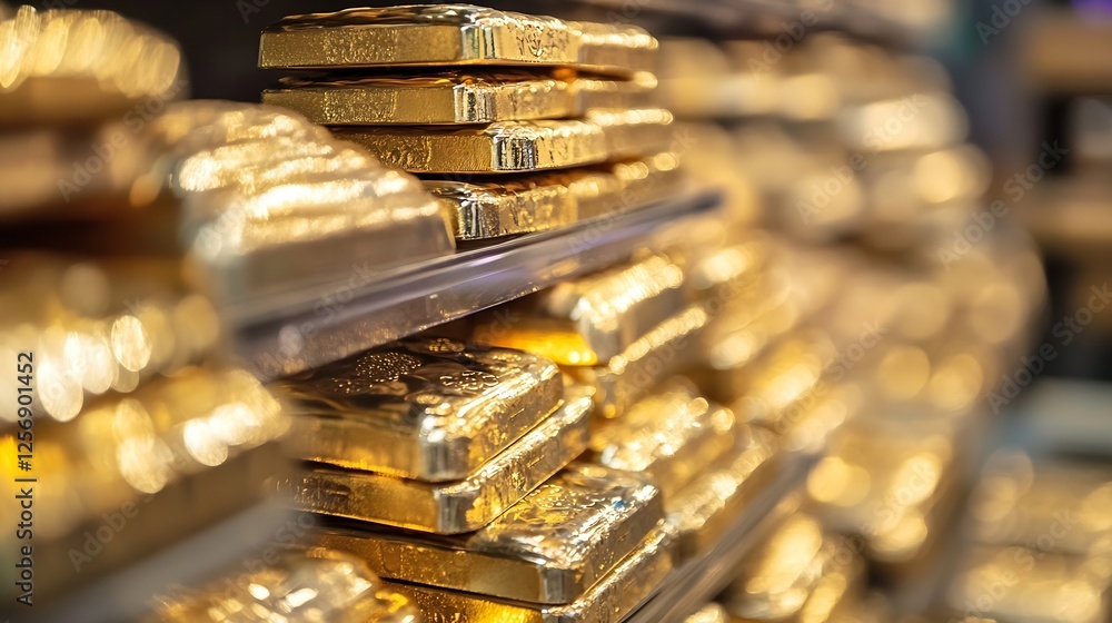 Aufkleber Stacks of Gleaming Gold Bars Displayed Neatly in a Showcase Setting : Generative AI