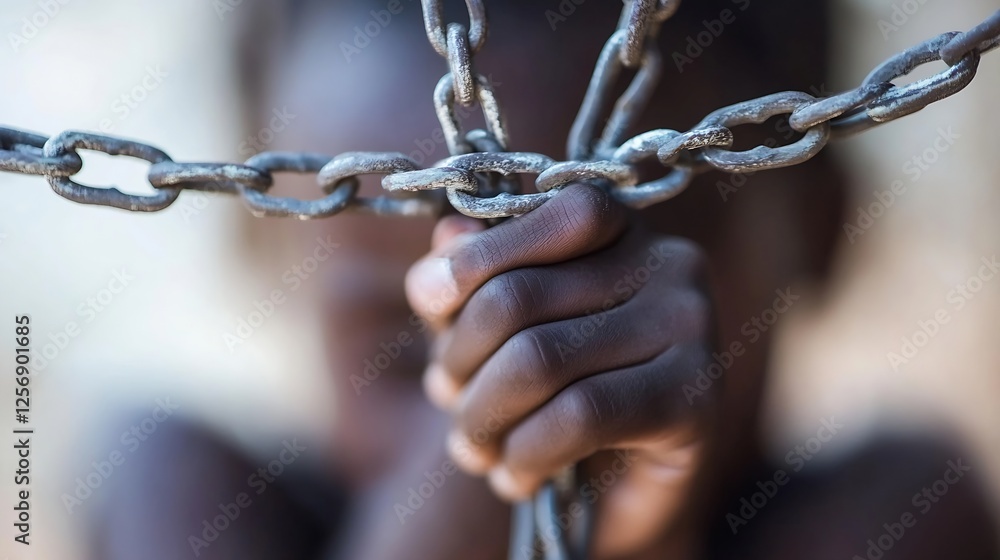 Poster child's hand gripping tightly onto chains symbolizing hardship and resilience in a nostalgic setting
