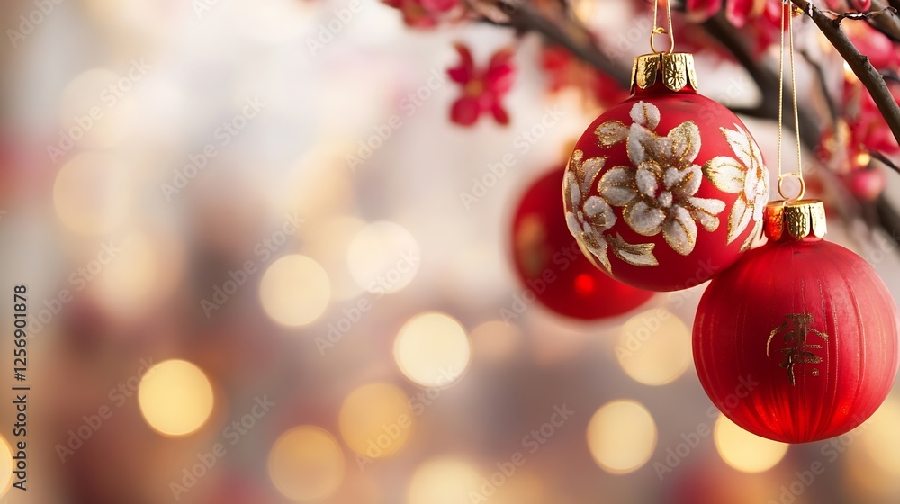 Aufkleber closeup of vibrant red christmas ornaments hanging on the tree with festive bokeh : generative ai