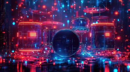 Fototapeta premium Neon-lit drum set surrounded by colorful lights in a vibrant, futuristic environment