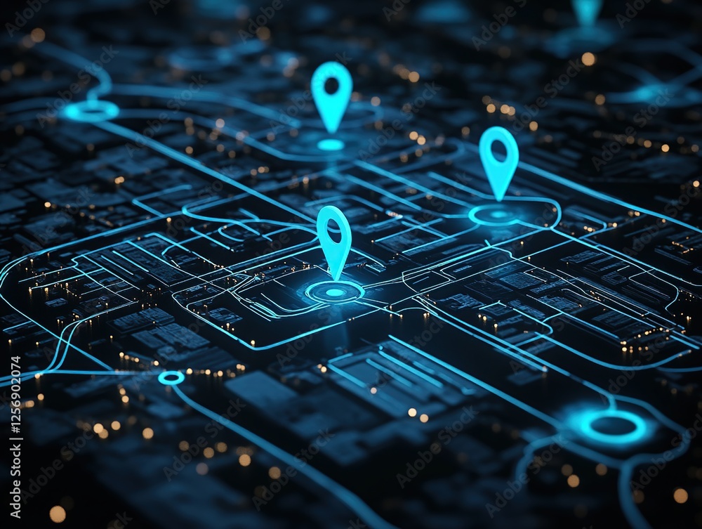 Poster digital map navigation: exploring locations with interactive gps pinpoints and futuristic cityscape 