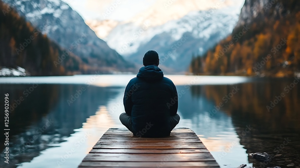 Poster contemplative man sitting peacefully on a wooden dock overlooking a tranquil lake surrounded by moun
