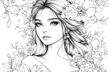 Fototapeta premium Portrait beautiful girl with flower. Sketch for coloring book