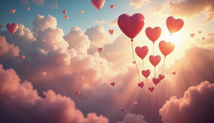 Fototapeta premium In a sky adorned with fluffy clouds, vibrant red heart-shaped balloons float gracefully, symbolizing love and joy on Valentine's Day.