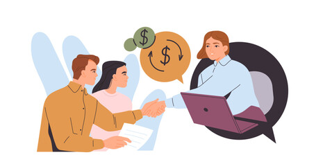 Mobile banking service. Happy family communicates with financial consultant or bank employee online. Characters manage budget and money. Flat vector illustration isolated on background