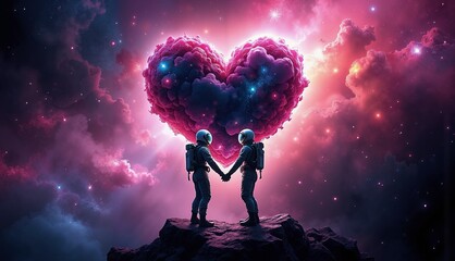 Amidst a cosmic backdrop, two astronauts hold hands, surrounded by swirling clouds of pink and purple, forming a heart, symbolizing love that transcends space.