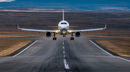 Commercial Jet Airplane Landing on a Barren Runway During a Clear Evening : Generative AI
