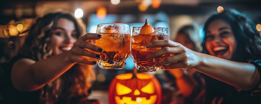 Young ladies enjoying drinks and smiling at a halloween gathering in a pub