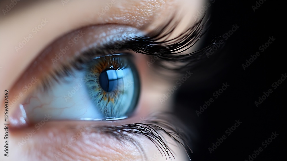 Poster close up image of a human eye reflecting light with detailed iris and long lashes : generative ai
