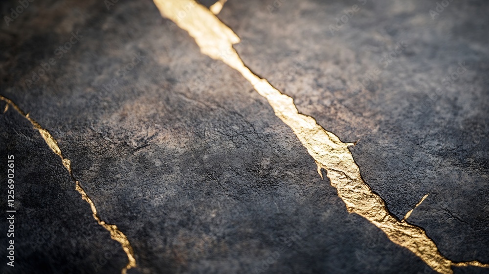 Poster Close up view of textured dark surface with striking golden cracks for interior design : Generative AI