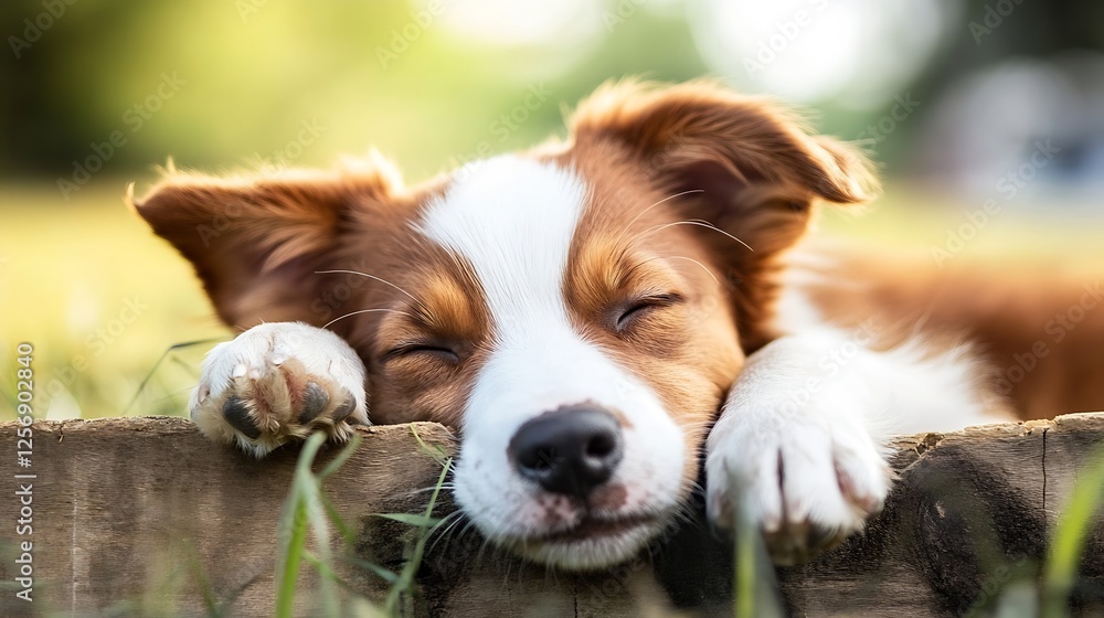 Poster adorable sleeping puppy resting on soft grass in a natural outdoor environment : generative ai
