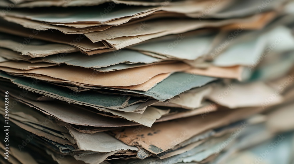 Poster Closeup View of Layered Old Papers Displaying Various Colors and Textures in Soft Natural Light : Generative AI