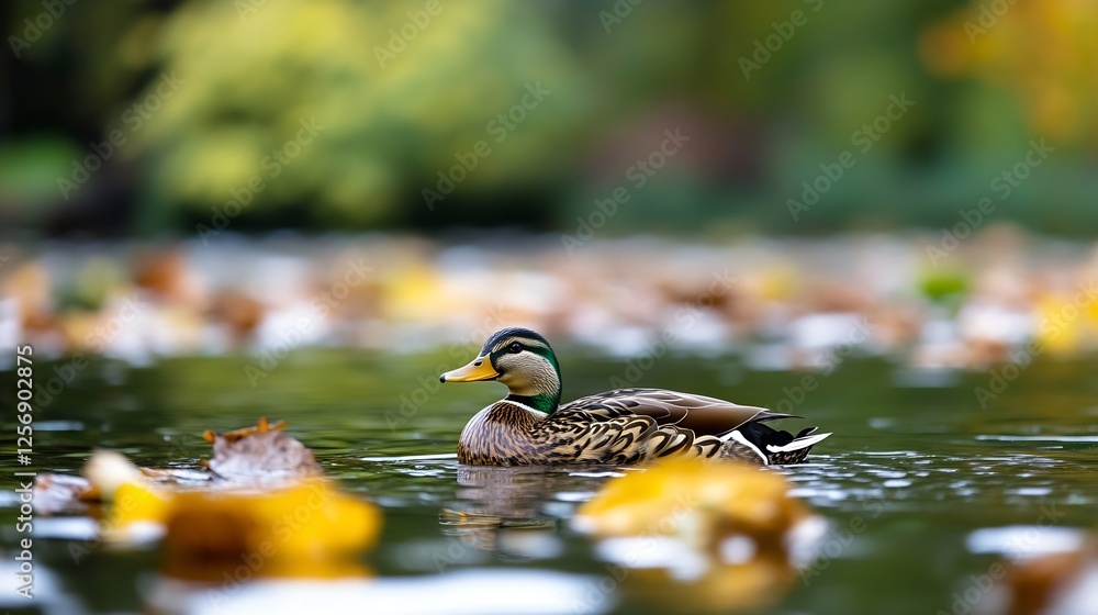 Poster lively duck swimming peacefully in a serene pond surrounded by autumn leaves and reflections : gener