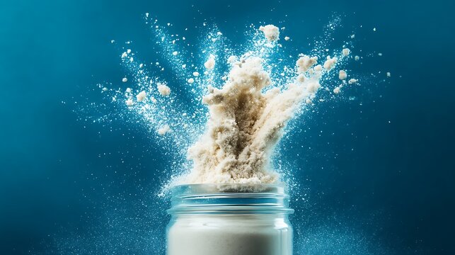 Protein powder explosively splashing into a glass jar