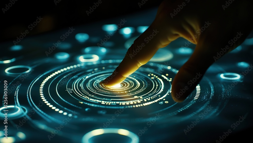 Poster interactive futuristic interface: fingertip controls advanced digital technology system with glowing