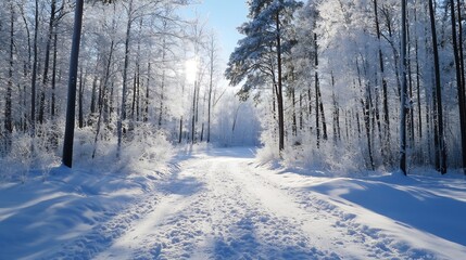Naklejka premium Sunlit pathway through a snowy forest showcasing winter tranquility and beauty : Generative AI