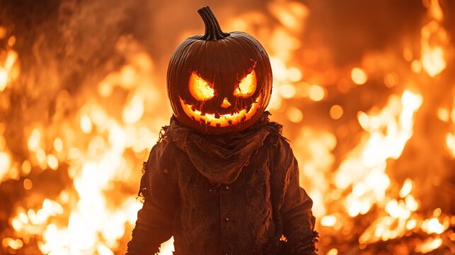 Spooky halloween character stands before a blazing fire with a frightening pumpkin on its head
