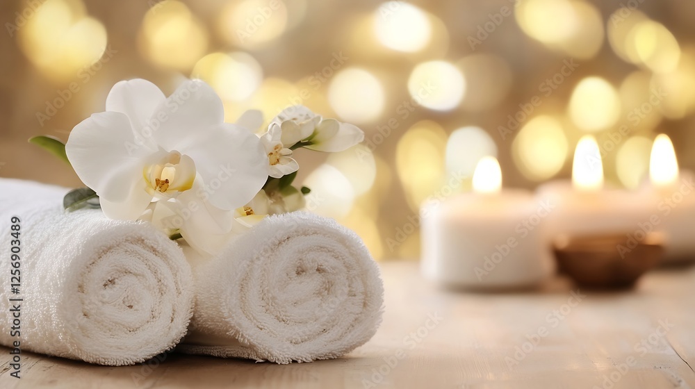 Poster rolled white towels and white orchids with candles creating a relaxing spa atmosphere : generative a
