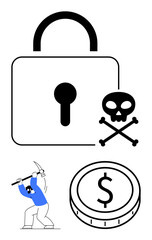 Padlock, skull with crossbones, hacker breaking coin with pickaxe symbolizing financial vulnerabilities. Ideal for cybersecurity, hacking awareness, data protection, risk management, online threats