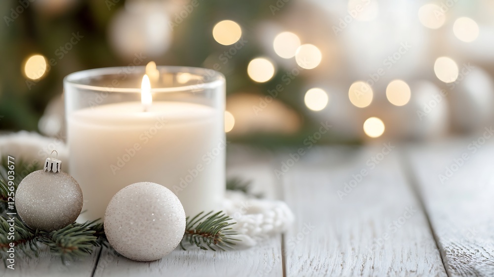 Poster candle surrounded by festive decorations evoking cozy vibes with soft bokeh lights in the background