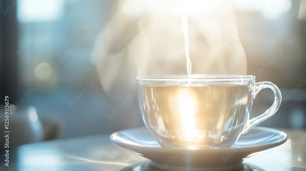 Aufkleber a steaming cup of tea reflecting warm light on a cozy table setting in a bright atmosphere : generat