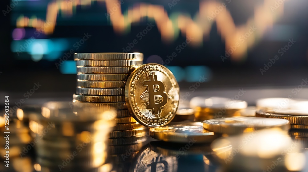 Aufkleber golden bitcoin coins stacked with digital stock market trends in the background highlighting cryptoc