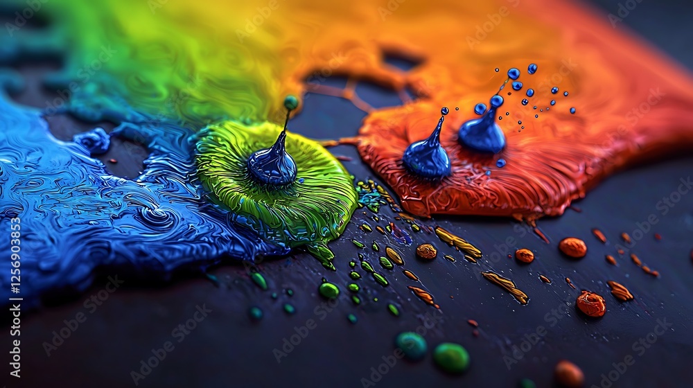 Poster vivid splashes of paint in vibrant colors creating dynamic patterns on a dark surface
