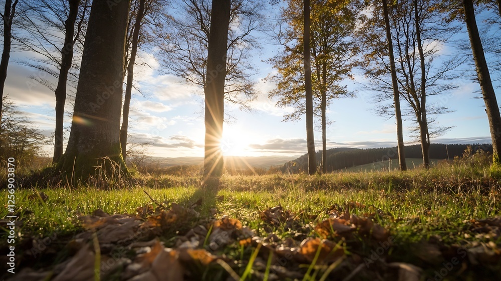 Poster tranquil forest landscape at sunset with sunlight piercing through trees : generative ai