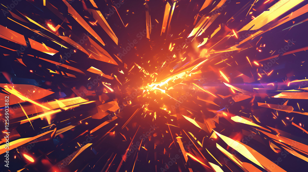 Poster abstract explosion with sharp fragments and bright glowing light center