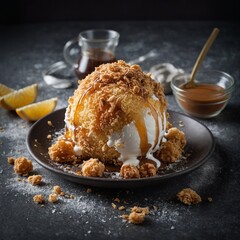 A plate of deep-fried ice cream with a crispy shell.