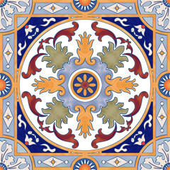 Antique Hand Painted Watercolor moroccan tiles pattern with floral ornament, Italian majolica tiles, floral ornament use for fabric, textile, cloth, backdrop, warping paper print