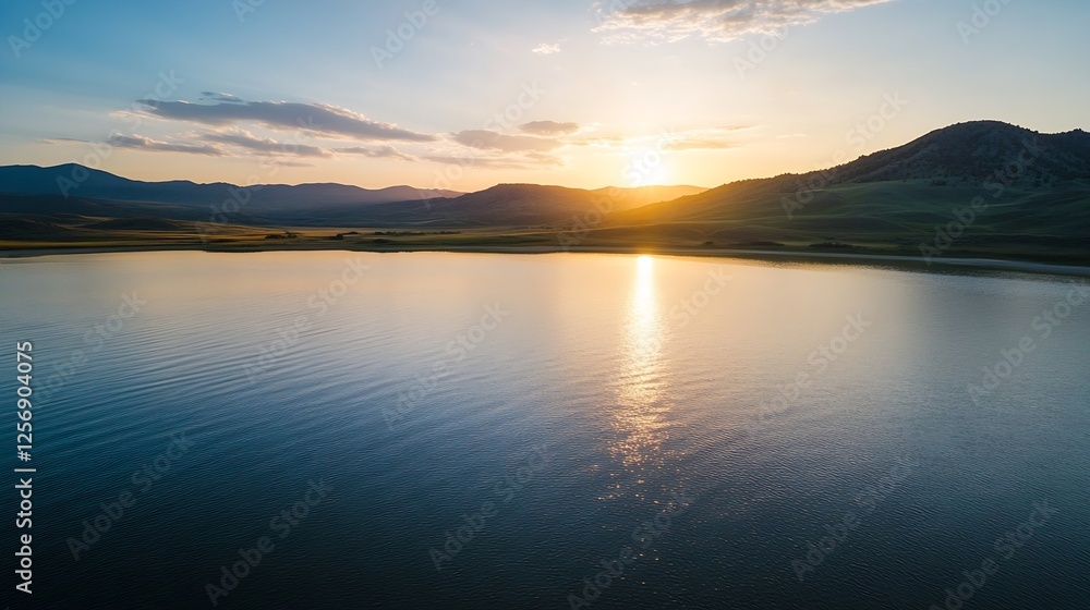 Poster stunning sunset reflection on calm water surrounded by rolling hills and a dramatic sky : generative