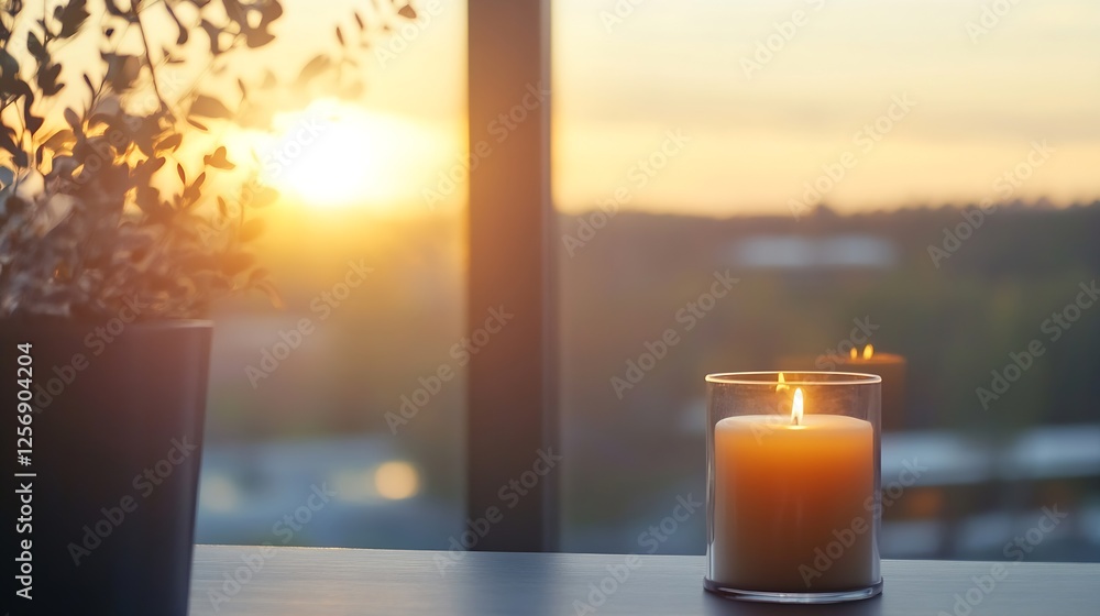 Aufkleber serene view of a lit candle by the window as the sun sets painting the sky with warm colors : genera