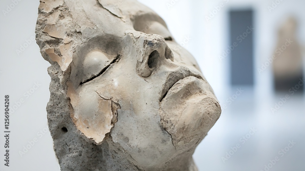 Poster artistic close up of a sculpted face revealing intricate details and a weathered texture in modern a